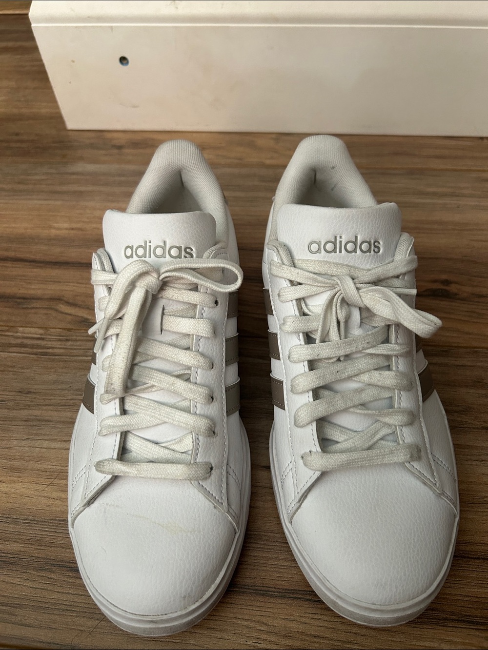 Adidas Grand Court White Sneakers with Metallic Taupe Stripes